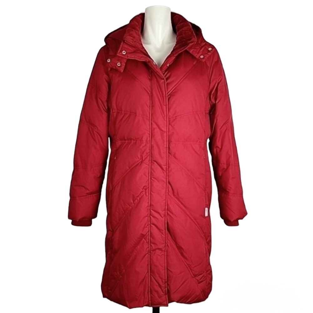 Jones & Co. Women's Red Quilted Down Fill Puffer Long Coat Hood Plush Lined M